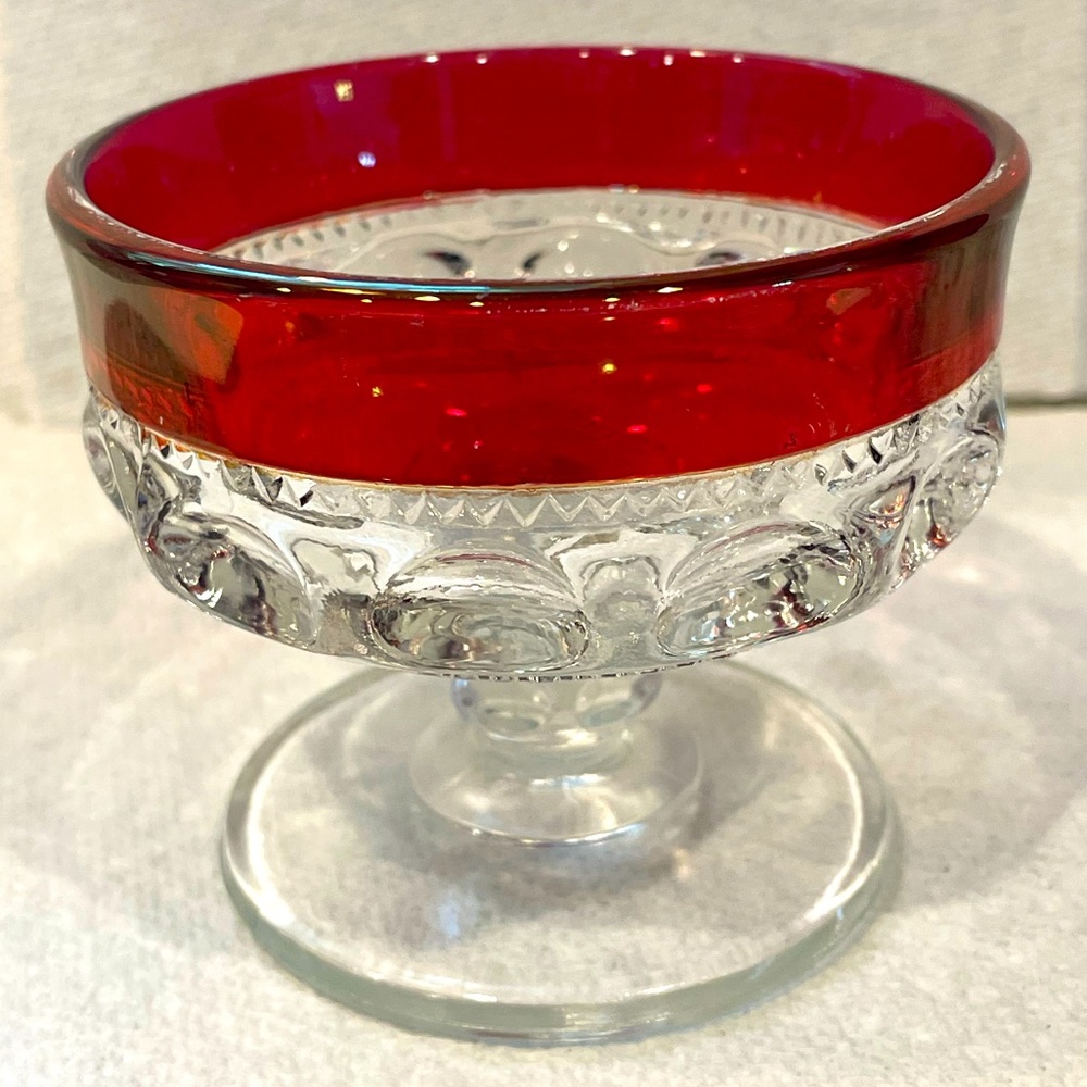 Kings Crown Ruby Red Flash Thumbprint Footed Dessert Glass Vintage Beautiful!